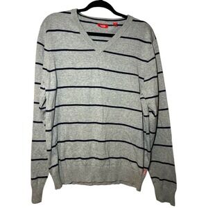 Izod Men's Gray Navy Classic Striped V-Neck‎ Sweater Size Medium Preppy Red Tag